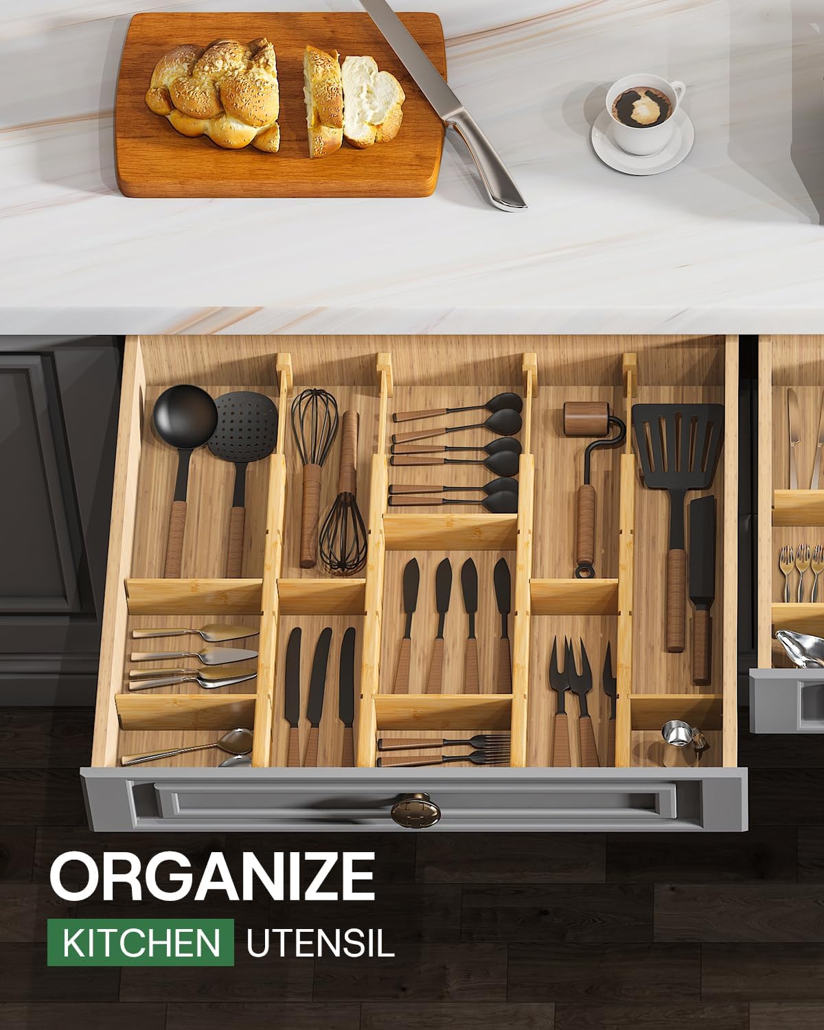 Kiplant Bamboo Drawer Dividers - Adjustable Organizers for Clothes & Kitchen | 8 Pack, 18-22.6 Inches, Non-Slip Ends