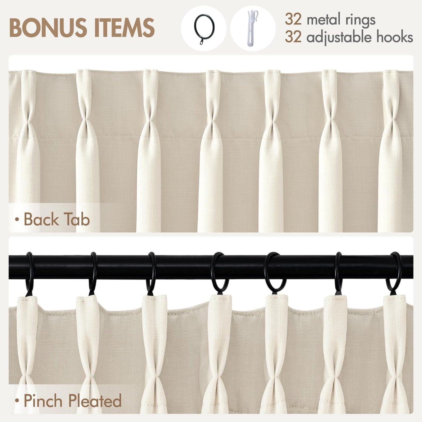 MIULEE 100% Blackout Curtains - 96 Inch Long, Thick Linen, Thermal Insulated, Birch | 4 Panel Set for Bedroom & Living Room