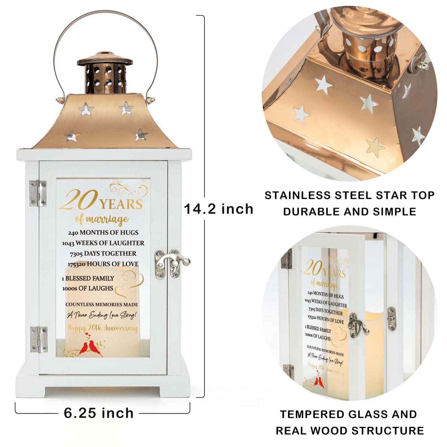 20th Wedding Anniversary Lantern, Happy 20 Years Anniversary Ideas Gift for Parents Couple Friends, Unique Marriage Keepsake Decorations for Wife Husband Him Her