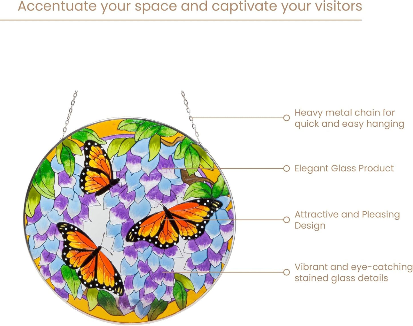 Hand-Painted Monarch Butterfly Stained Glass Suncatcher - Artistic Window Decor for Home & Garden