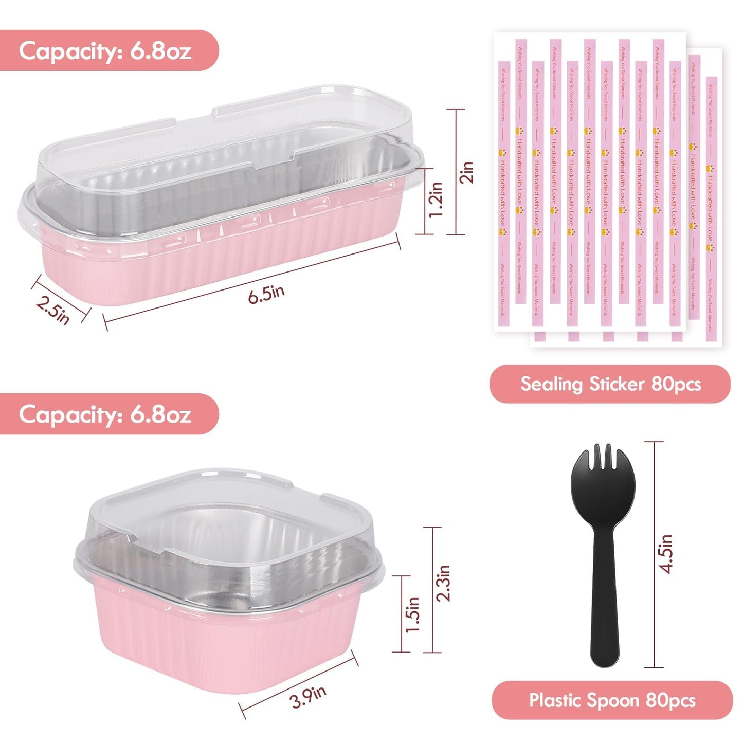 YQER Mini Loaf Pans with Lids for Baking Bread Disposable, Mini Baking Pans with Lids and Spoons Pink Sticker, 50 Pcs 6.8oz Mini Foil Cake Pans, 30pcs 10oz Mini Aluminum Square Baking Cups with Lids