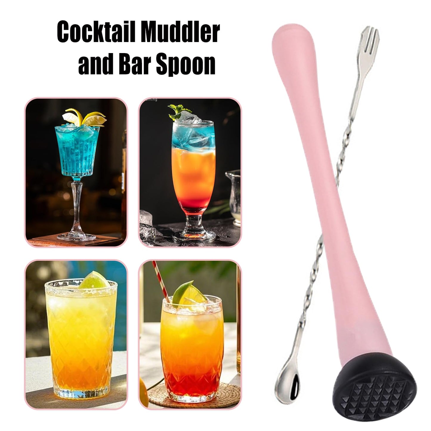 Muddler for Cocktails,Cocktail and Bar Tools for Lemonade 10" Muddler and Long Handle Bar Cocktail Mixing Spoon