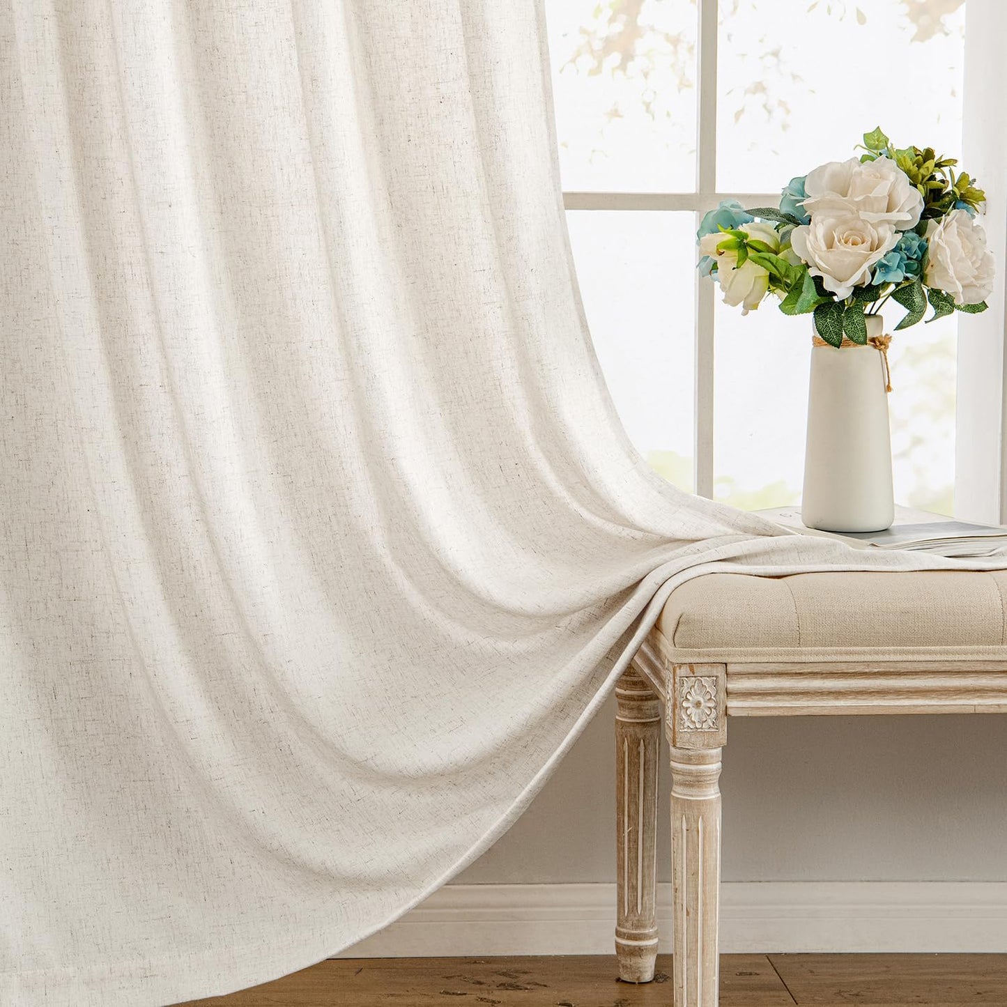 MIULEE Privacy Linen Curtains - Light Filtering Semi-Sheer Drapes for Bedroom & Living Room | 52 x 84 Inches, Natural White