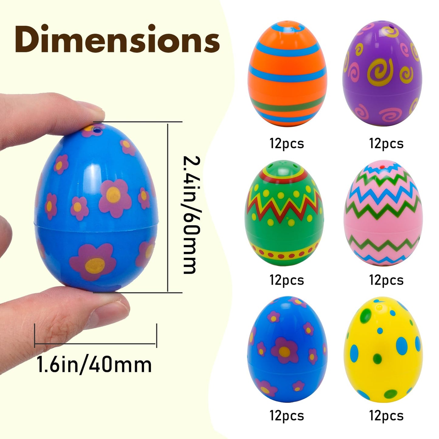 Newnessai 72 Pcs Plastic Printed Easter Eggs, 2.4inch Empty Fillable Colorful Plastic Eggs, for Party Favor, Suitable for Easter parties and egg hunts, Basket Stuffers Filler