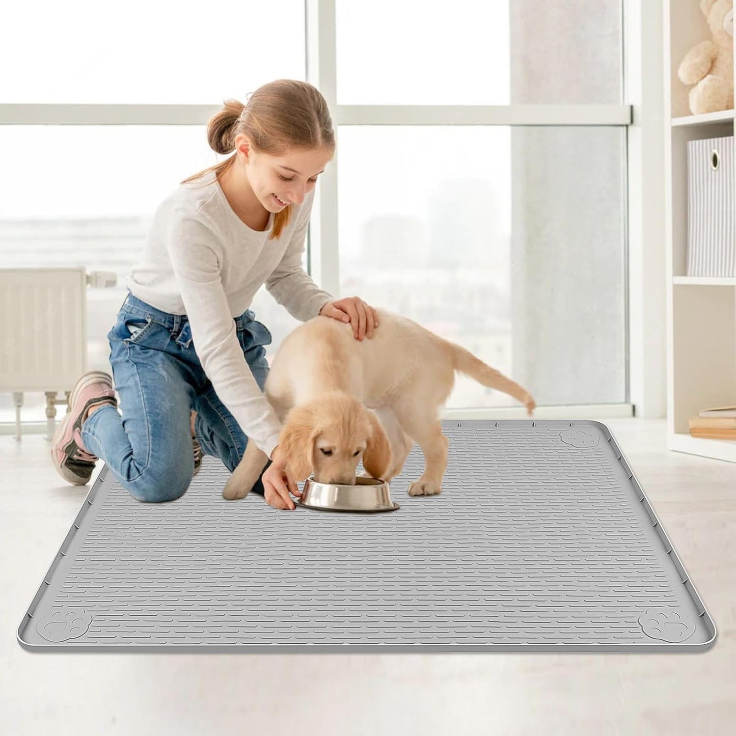 Skiennix Extra Large Cat Food Mat - 40" x 28" Non-Slip Silicone Feeding Mat | Easy to Clean, Grey