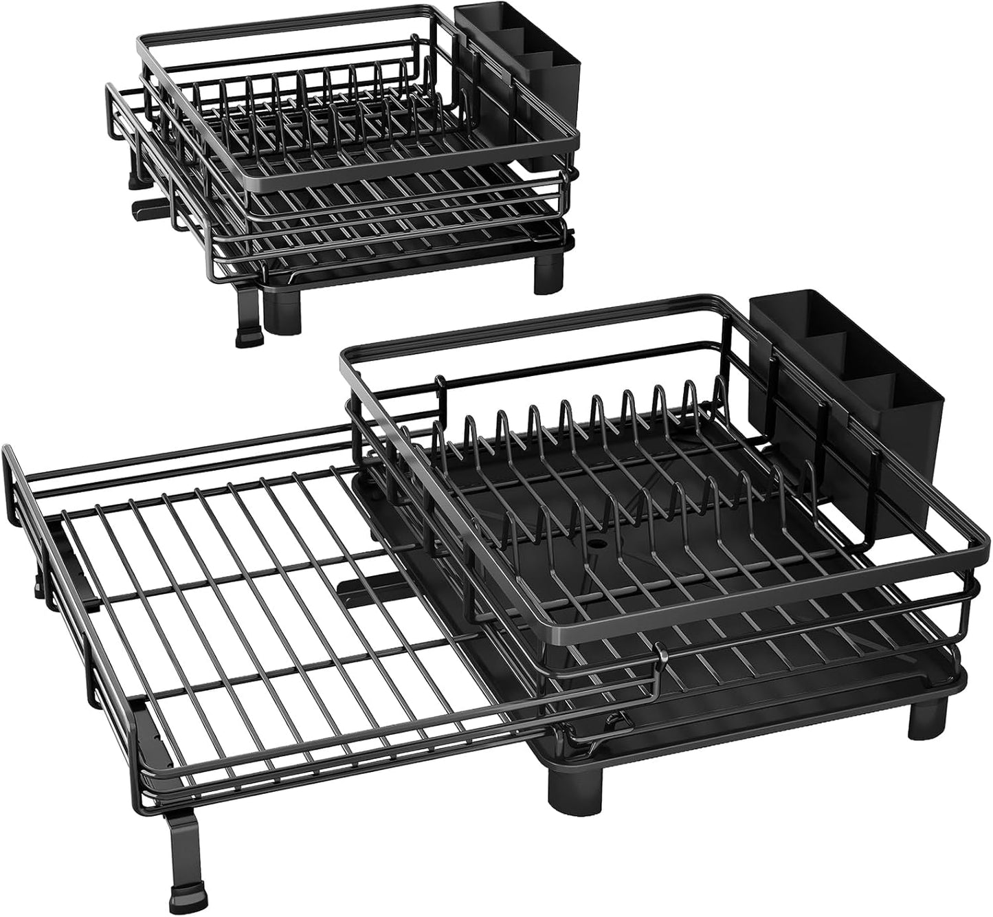SNTD Dish Drying Rack - Extendable Stainless Steel Dish Drainer with Utensil Holder | Black