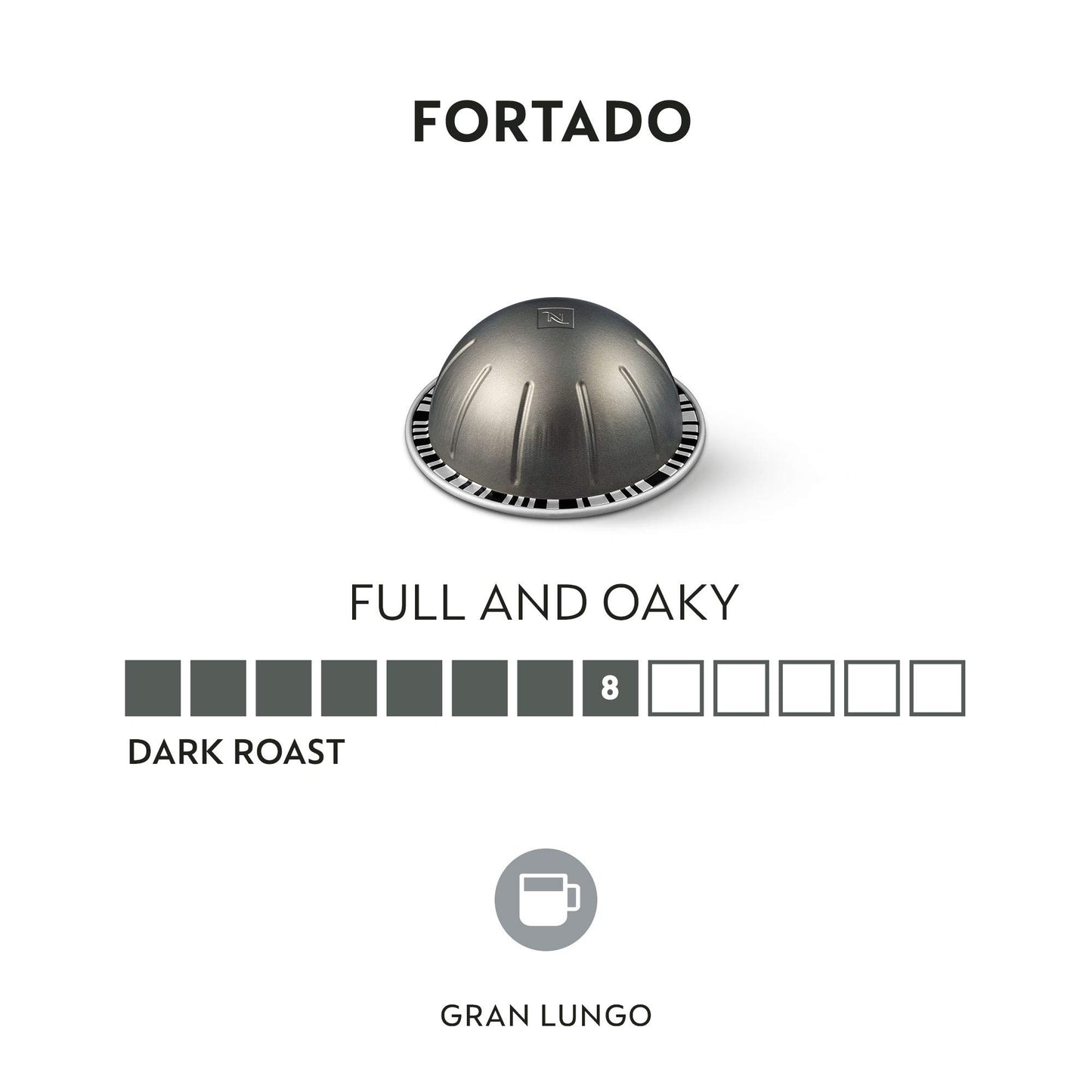 Nespresso Capsules Vertuo, Fortado Gran Lungo Americano, Dark Roast Espresso Coffee, 30 Count Coffee Pods, Brews 5.0oz.