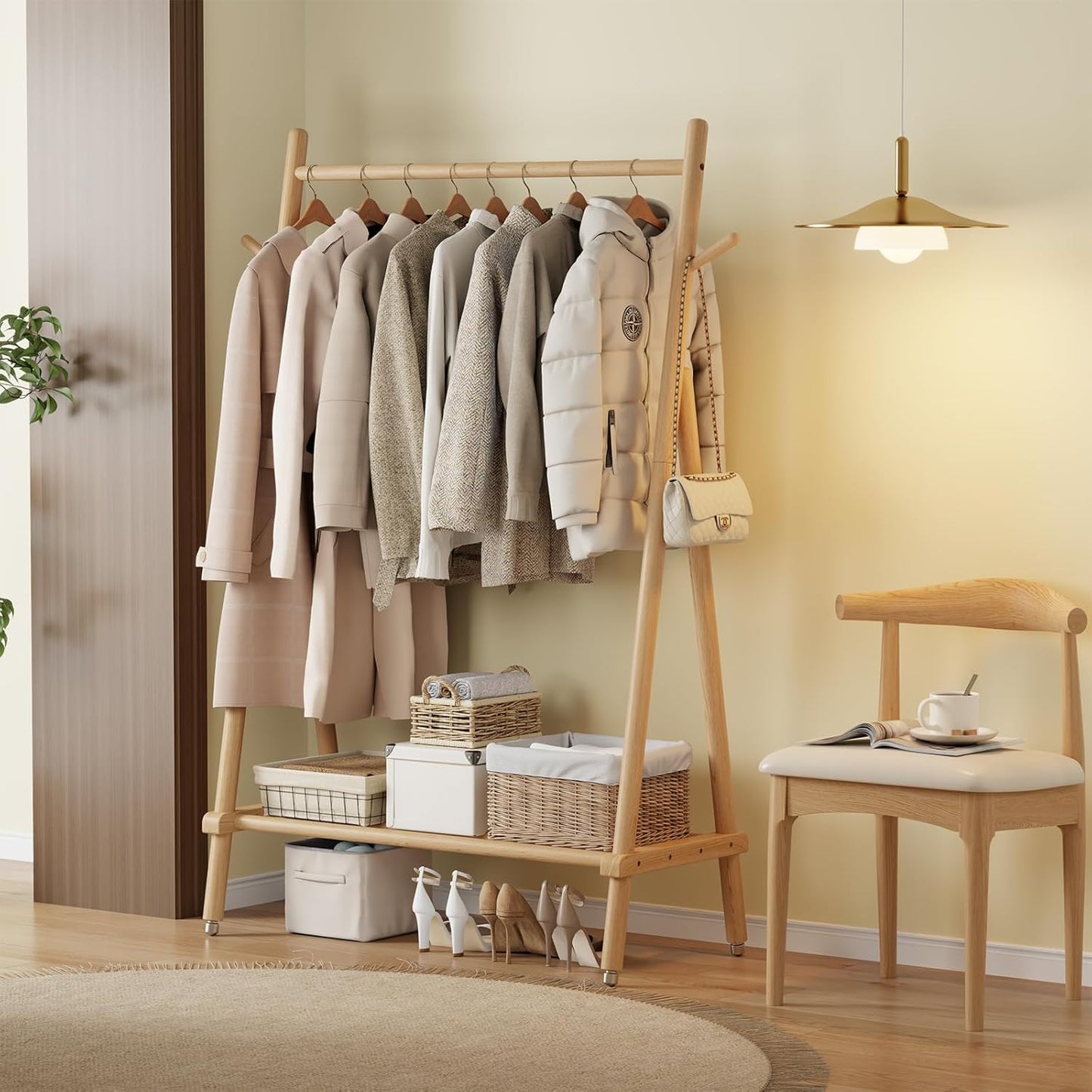 Muwuele Solid Wood Clothing Rack - Rolling Garment Rack with Shelves | Portable Closet Organizer (Natural)