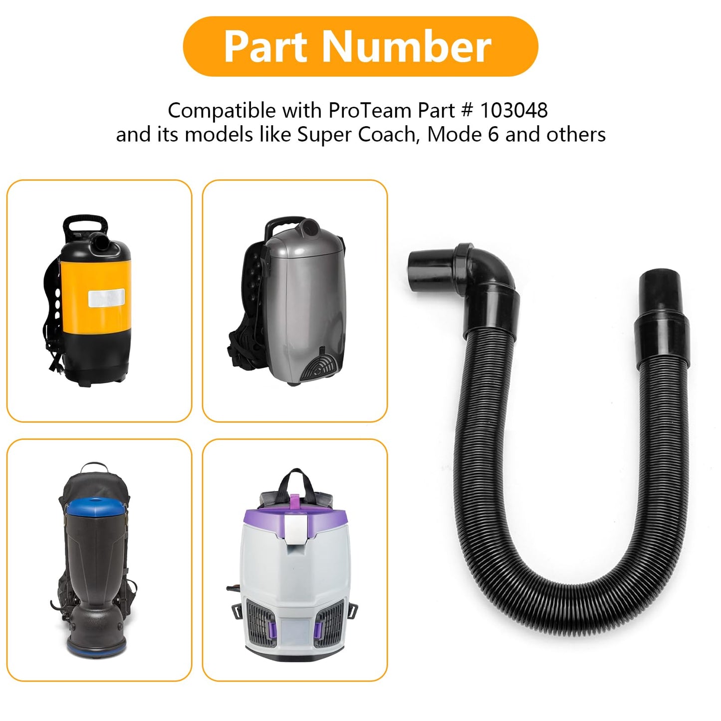 103048 Static-Dissipating Backpack Vacuum Hose Compatible with ProTeam Vacuum Hose with 1-1/2-inch Cuffs, Also fits Pro-Team Super Coach, Mode 6, and other Models - Replacement Backpack Vacuum Hose