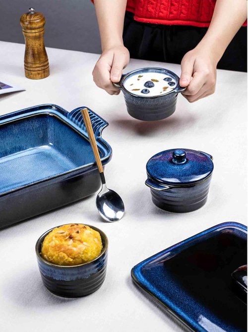 Henten Home Ceramic Ramekins - 8 oz Mini Cocotte Set of 4 with Lid & Handle | Deep Blue Casserole Dishes