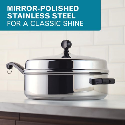 Farberware Classic Series Anniversary Edition Stainless Steel Sauté Pan and Lid with Helper Handle, Induction Suitable, 6 Quart Jumbo Cooker, Metal Utensil Safe - Stainless Steel