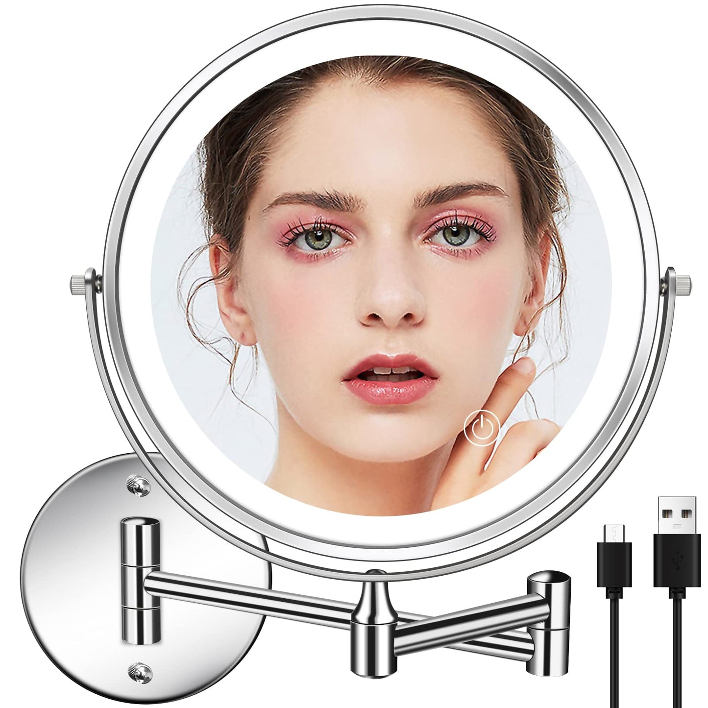 Rechargeable Lighted Wall Mounted Makeup Mirror, 8" Double-Sided 1X/10X Magnifying Bathroom Mirror with 3 Color Lighting, Touch Screen Dimmable 360°Swivel 13 Inch Extendable Chrome Vanity Mirror