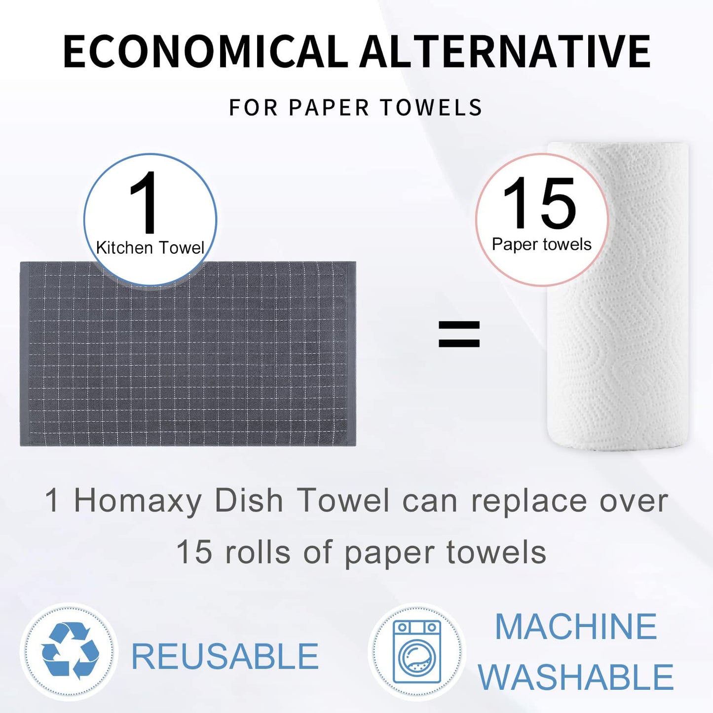 Homaxy 100% Cotton Terry Kitchen Towels(Dark Grey, 20 x 28 inches), Checkered Designed, Soft and Super Absorbent Dish Towels, Large 4 Pack