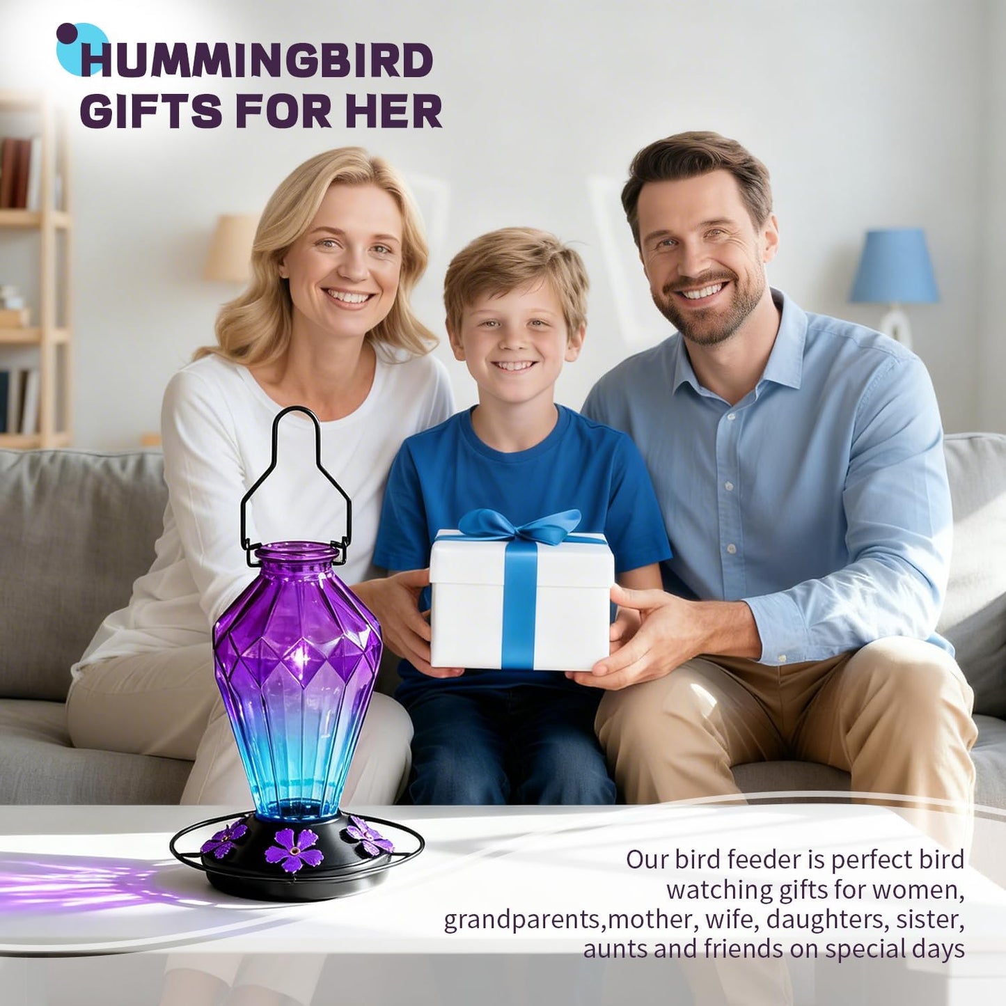 Skiennix Glass Hummingbird Feeder - 25Oz Leak-Proof Nectar Feeder with 5 Flower Ports | Diamond Purple