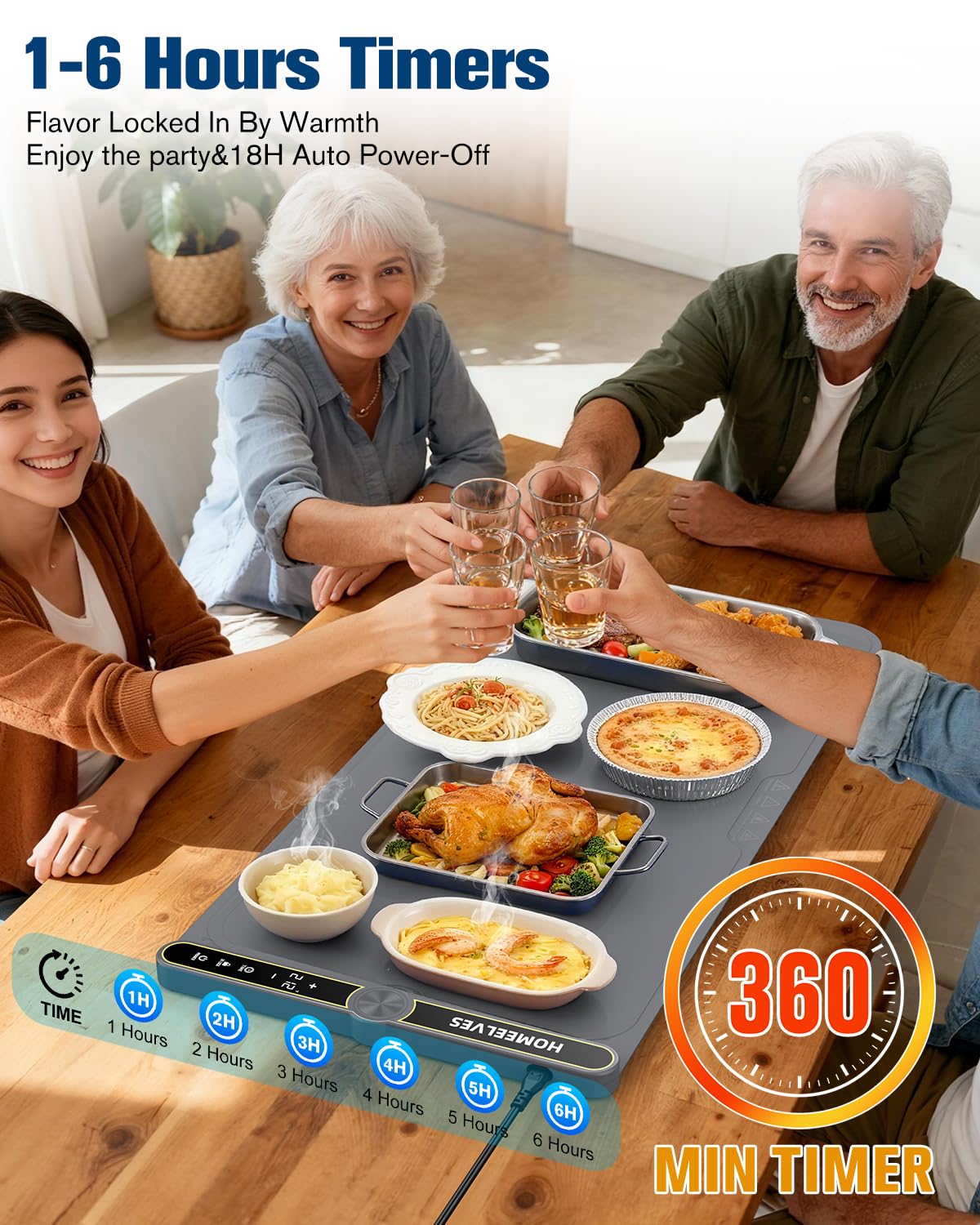 HomeElves Food Warming Mat Extra Large, Rapid Heating Electric Warming Tray with 9 Temp Setting and 6 Hours Timer,Foldable Warming Trays for Food, Portable Food Warmers for Parties Buffet, Gray