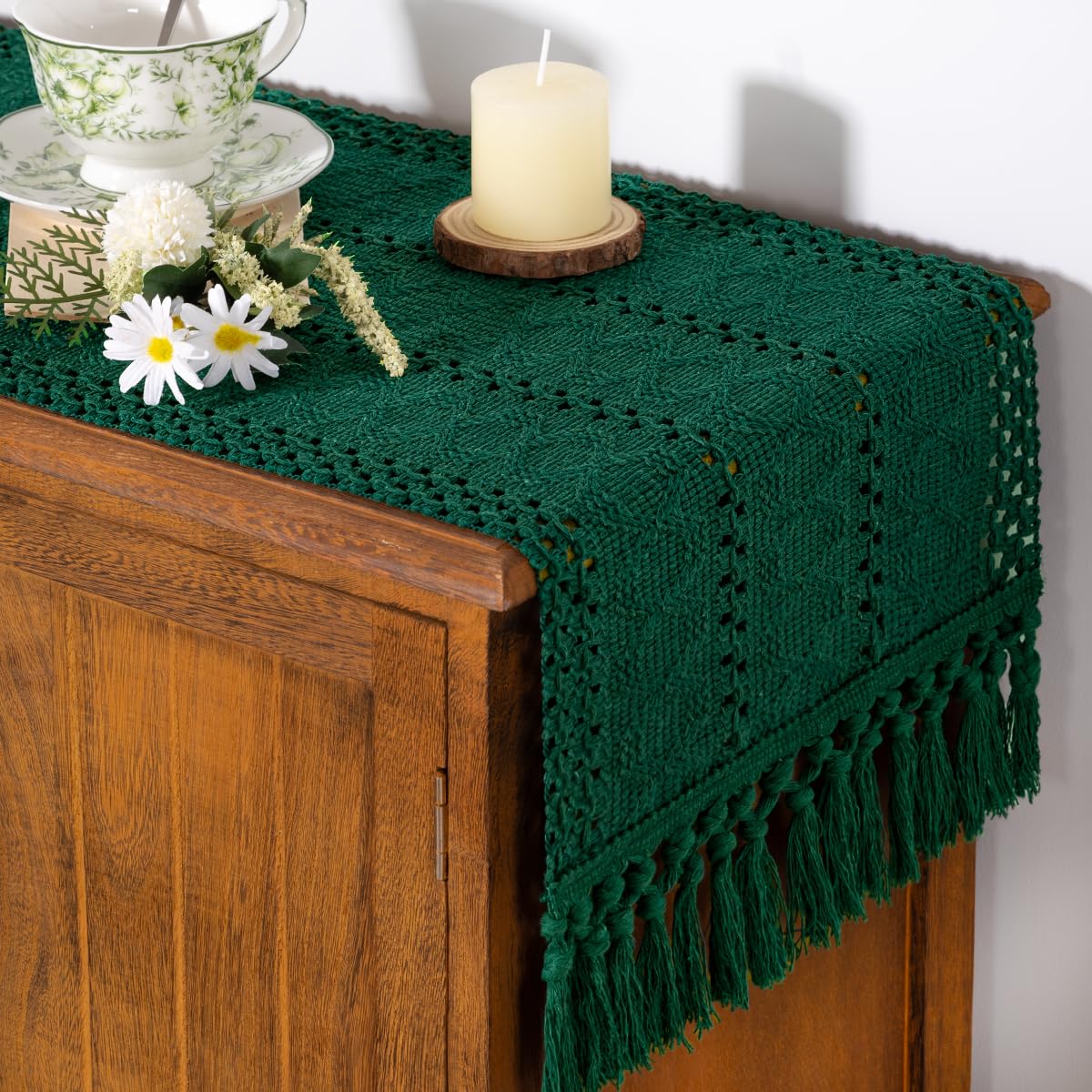 Socomi Boho Table Runner Easter Spring Farmhouse Rustic Dining Kitchen Centerpiece Decor Small Macrame Woven Cotton Linen Coffee Table Runner for Dresser Scarf Home Decor 12x36 inch Emerald Green