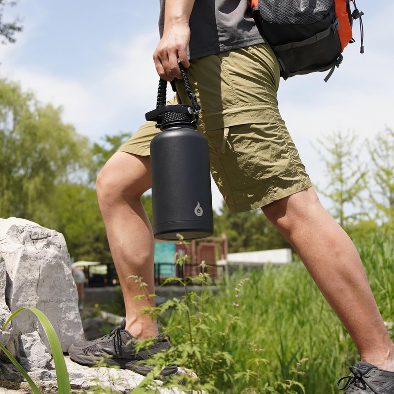 BJPKPK Half Gallon Insulated Water Bottles with Straw Lid, 64oz Large Water Jug, Stainless Steel Bottles with 3 Lids and Paracord Handle, Thermo for Hot & Cold Liquid, Army Green