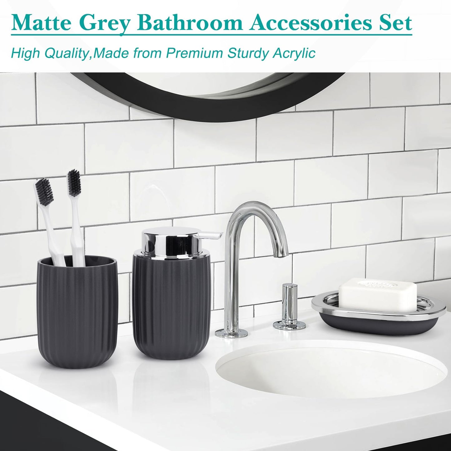 Boperzi Bathroom Accessories Set Complete: 8pc Bathroom Accessory Set with Trash Can 2pc for Floor/Counter, Toilet Brush, Soap Dispenser, Toothbrush Holder, Adhesive Hook, Grey Modern Bathroom Set