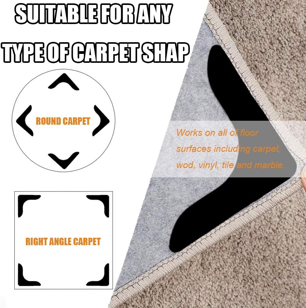 Skiennix Rug Grippers - Super Sticky Anti-Curling Carpet Tape | Non-Slip 8-Pack (Black)