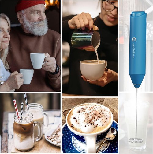 England Stories Electric Milk Frother - Handheld Battery Operated Whisk for Coffee, Cappuccino & Latte - Metal Blue