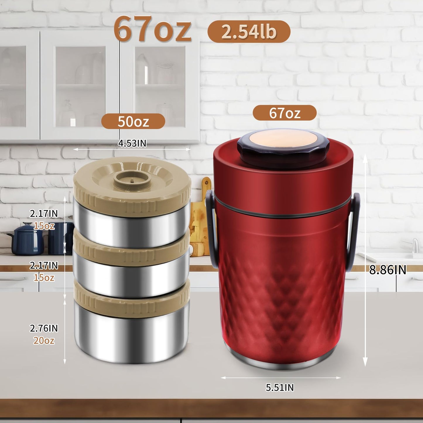 YRPOMJV 67oz Thermos for Hot Food,3-Layer Sealed Stackable Food Thermos,with Lunch Bag Soup Thermos Wide Mouth,It Is Suitable for Daily Office Meals, and Outdoor Meals (Red+Navy Insulated Bags)