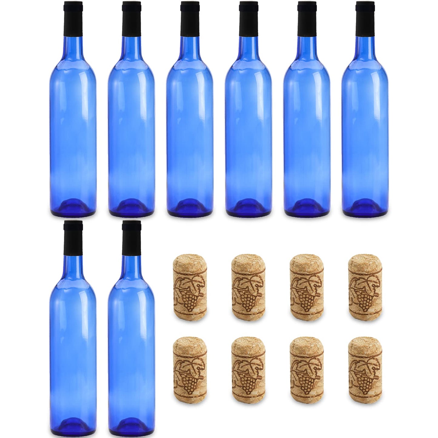 DEAYOU 8 Pack 750ml Bordeaux Wine Bottles, Glass Clear Bottles with 8 Corks and 8 PVC Shrink Capsules, Flat-Bottomed Empty Bottle for Claret, Liquor, Champagne, Juice, Beverages, Decors, Cobalt Blue