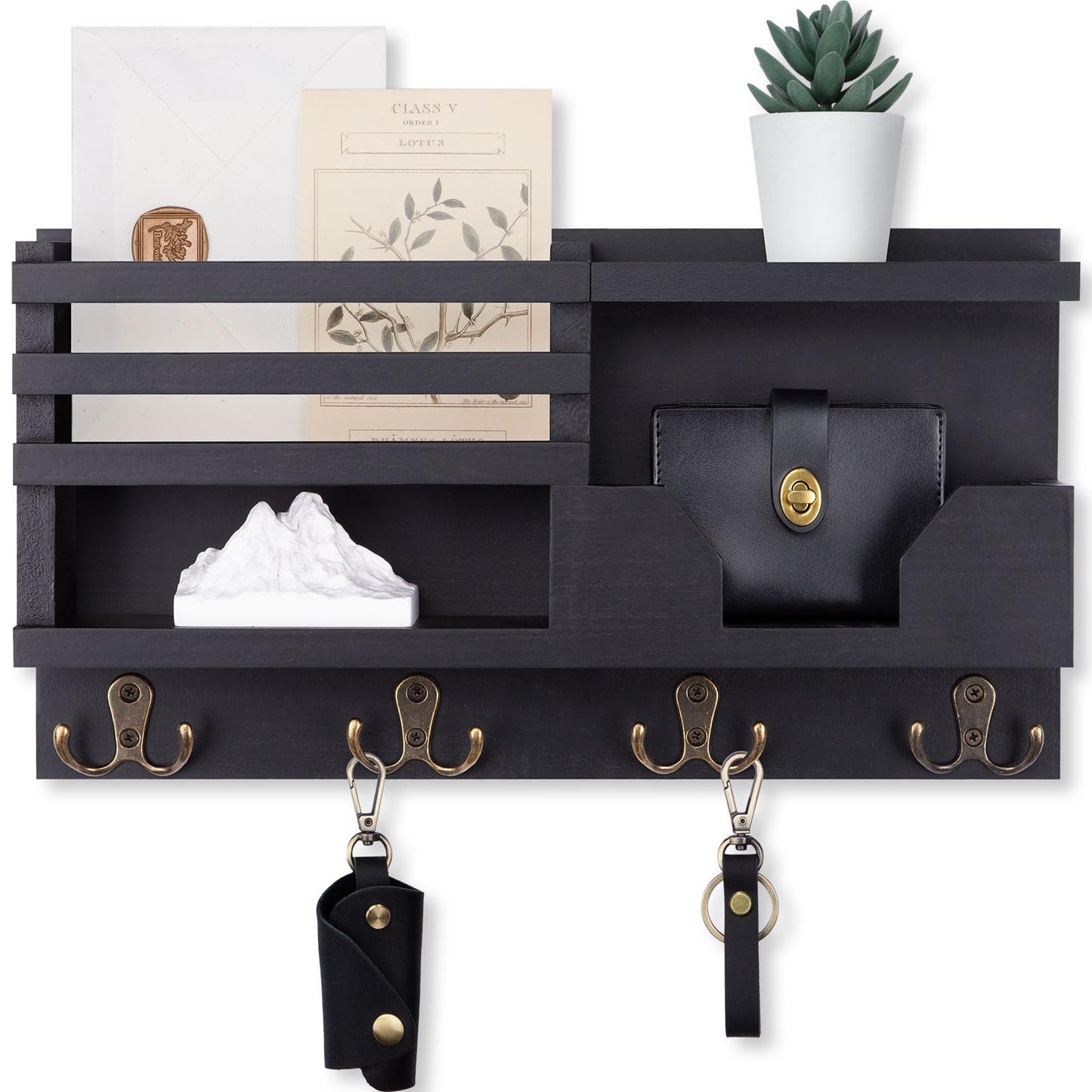 Lwenki Mail and Key Holder for Wall – Decorative 15.9” x 8.7” x 3.2” Entryway Organizer with Shelf – Paulownia Wood with 4 Dual Hooks Includes Mounting Hardware and Installation Guide