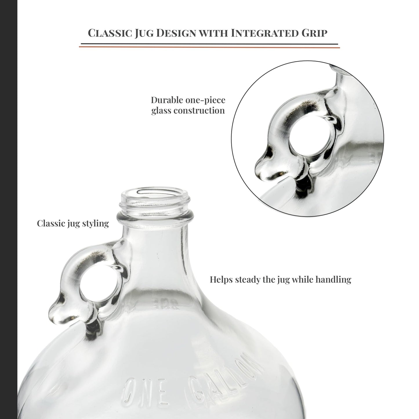 North Mountain Supply 1 Gallon Glass Fermenting Jug with Handle, 6.5 Rubber Stopper, 2-Piece Airlock, Black Plastic Lid - Set of 4