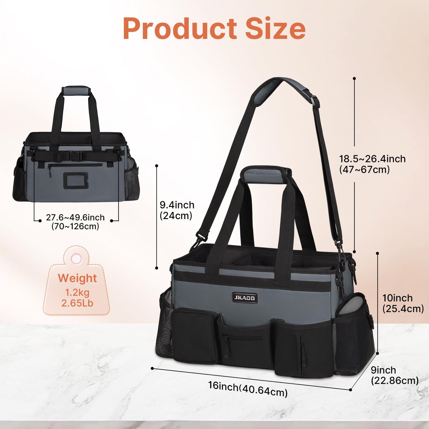 JKAOO Large Wearable Cleaning Caddy Bags,Cleaning Supplies Storage Bag with Handles and Adjustable Shoulder Strap and Removable Waist Straps,Waterproof Cleaning Bags for Home,Car,Office (Gray)
