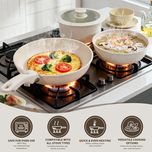 DENENTT Nonstick Ceramic Cookware Set 20-Piece - Pots and Pans Set with Detachable Handle - RV Stackable Kitchen Cooking Set, Induction/Dishwasher/Oven Safe, with Frying, Cream White