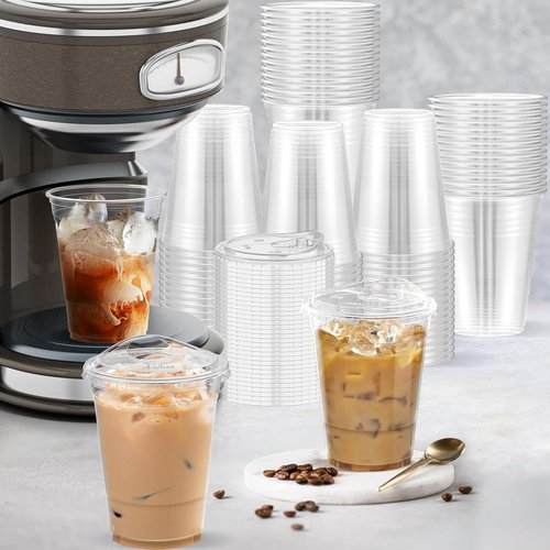 Dealusy 100 Pack - 16 oz Clear Plastic Cups with Lids | Sturdy, Food Safe Iced Coffee & Smoothie Cups