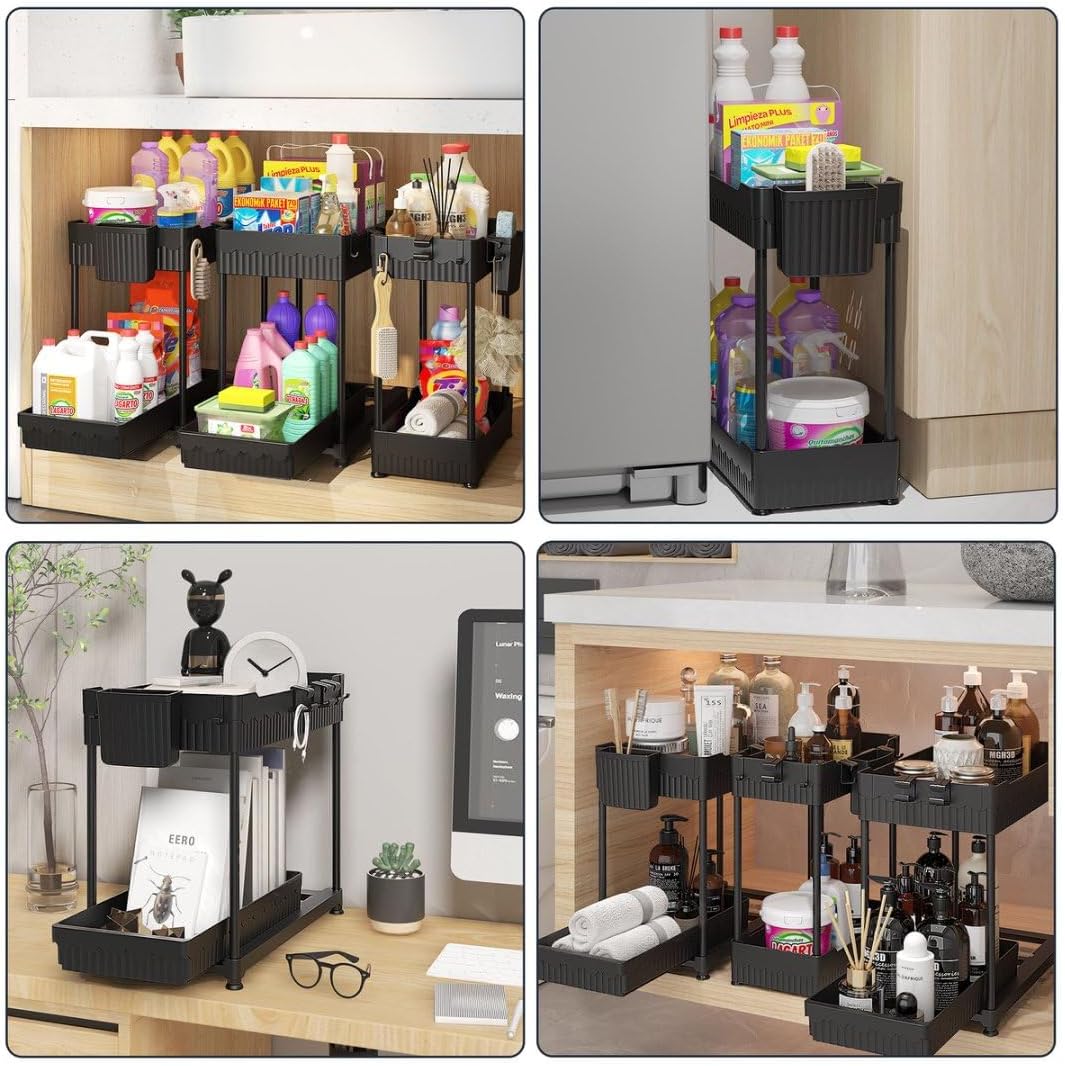 Sevenblue Under Sink Organizers - 2-Tier Kitchen & Bathroom Storage with Sliding Drawers | Black, 12.8 Inch