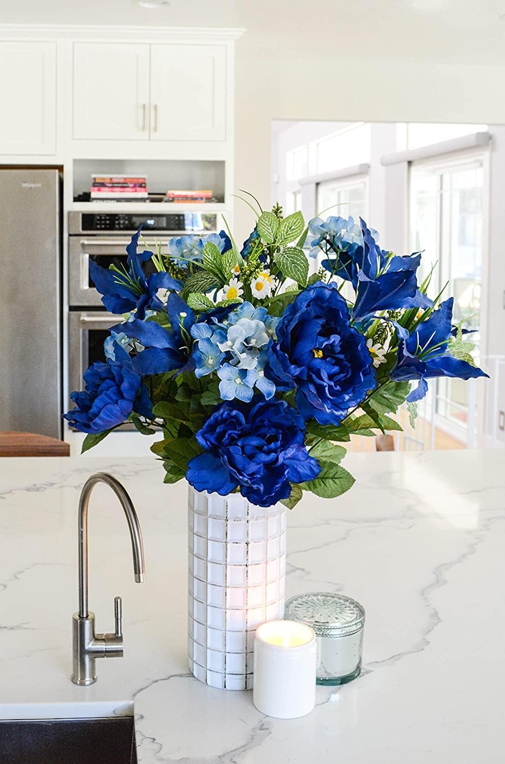 24-Stem Artificial Flower Arrangement - Mixed Roses & Carnations for Indoor/Outdoor Wedding & Home Decor - Spring Faux Flowers in Blue