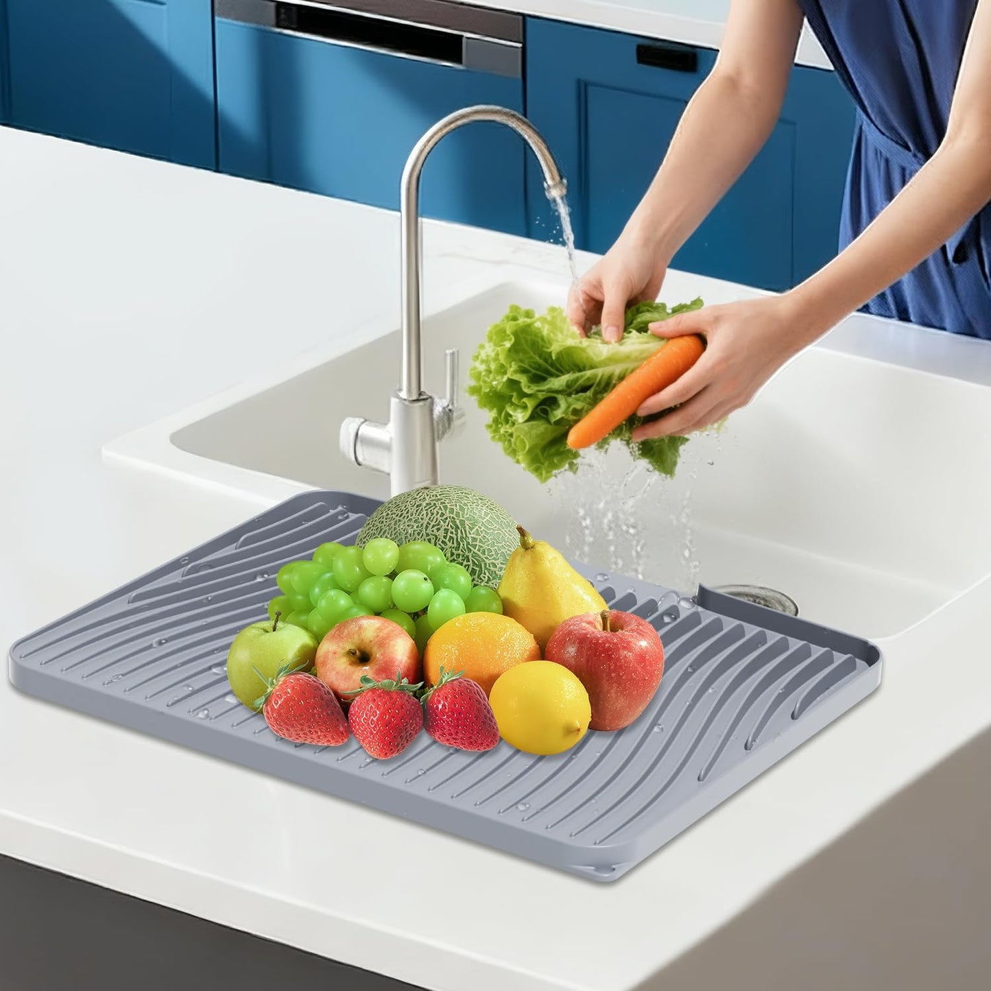 Silicone Dish Drying Mat - Non-Slip Drain Pad for Kitchen | Easy to Clean, Heat Resistant, 15.8" x 13", Grey