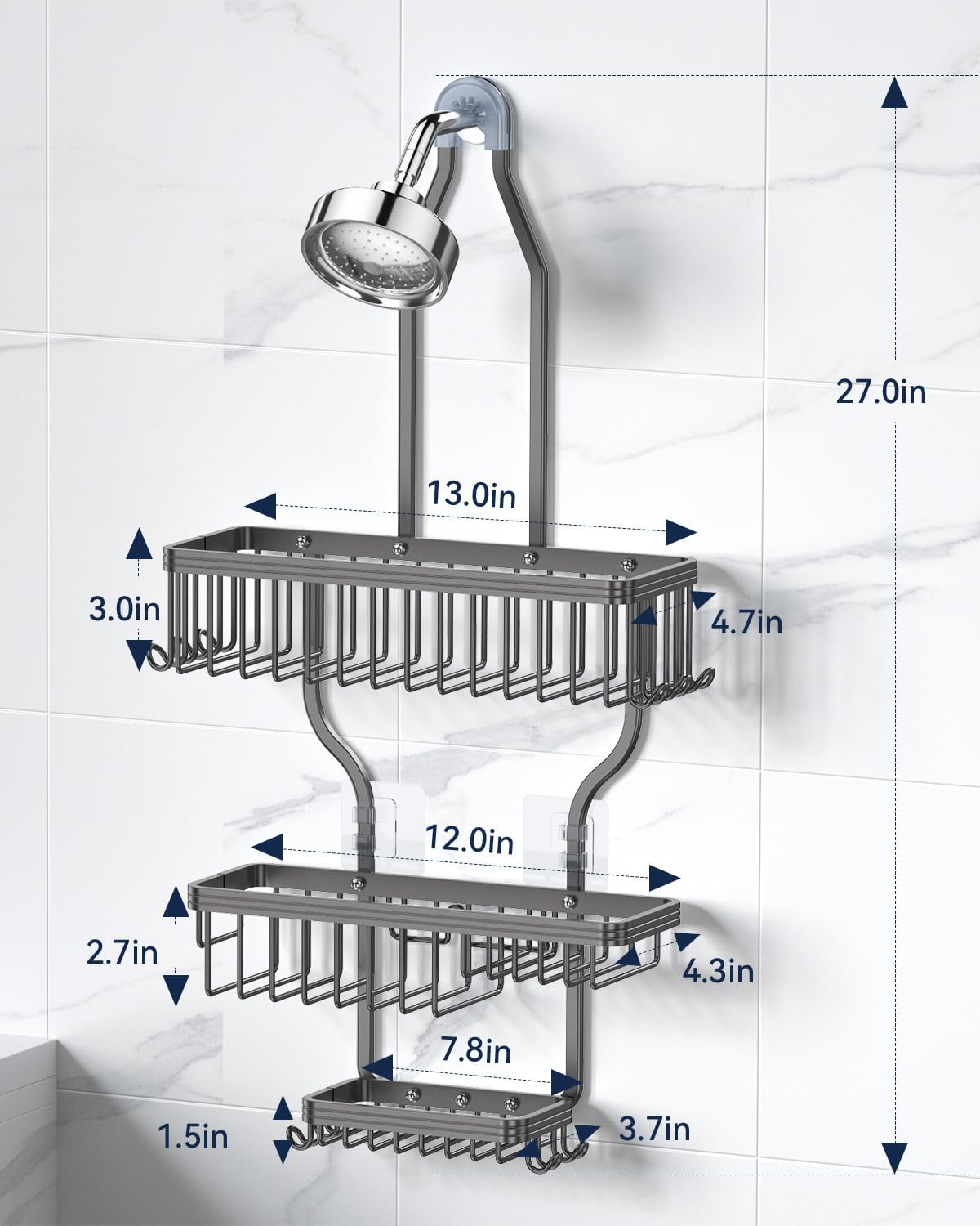 YASONIC Shower Caddy - Rustproof Aluminum Organizer with 10 Hooks & Soap Basket - Grey
