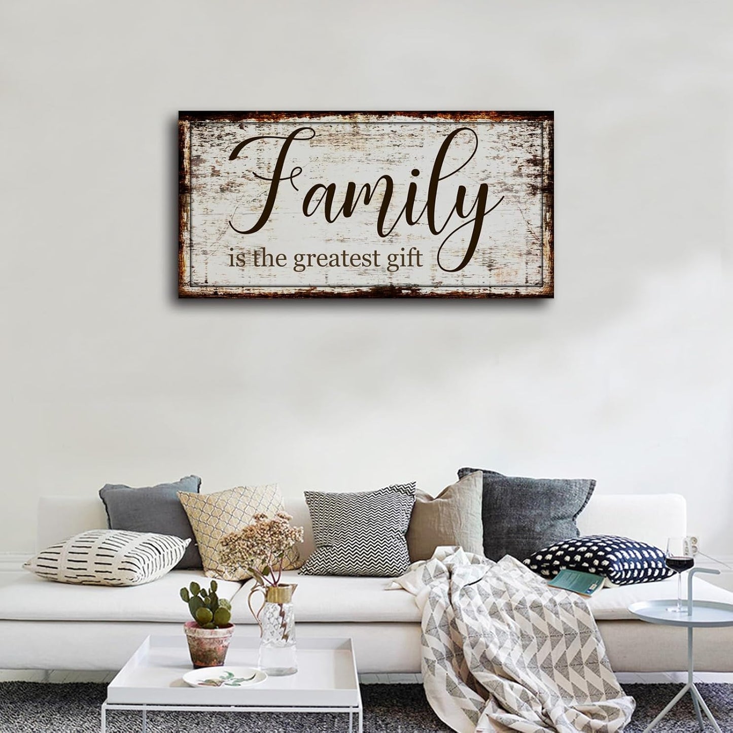 Family Canvas Wall Art for Living Room - Greatest Gift Word Painting, Farmhouse Retro Artwork Prints, Framed Stretched Picture for Dining Room, Office, Home Decor
