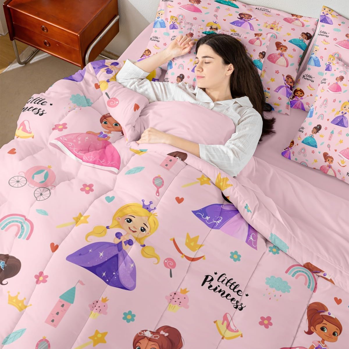 Erosebridal Kids Magical Princess 7 Piece Twin Comforter Set Bed in a Bag, Girly Cute Castle Microfiber Bedding for Sofa, Cartoon Rainbow Fitted Sheets Set for Kids Girls, Pink Princess Bed Set