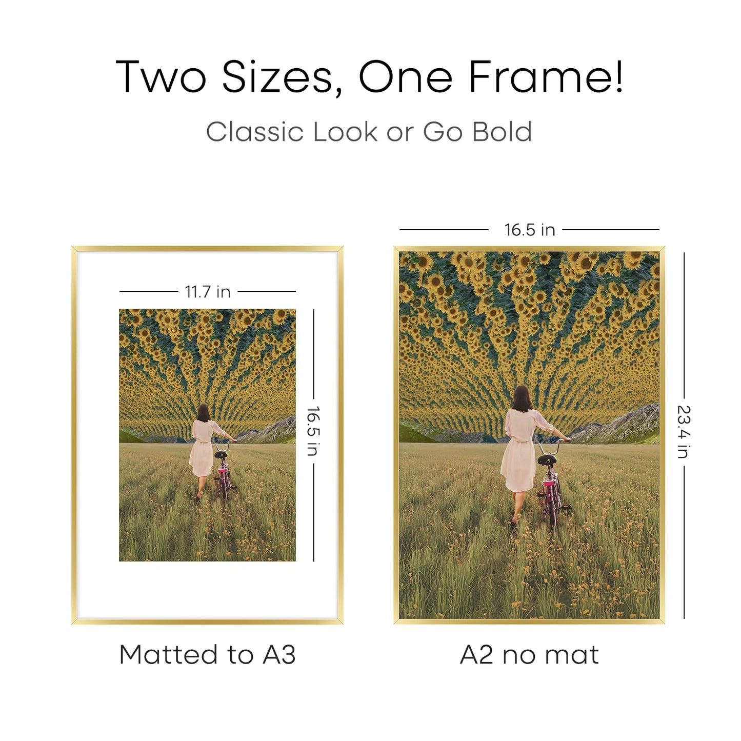 Homeoforia A2 Picture Frame Gold, High End Metal 16.5 x 23.5 inches Poster Frames with Mat 11.7 x 16.5 for Photo, A2 Size Frame Matted to A3 Print, 16.5 by 23.4 Hanging Frame, Tempered Glass, Wall Hook Included, Set of 1