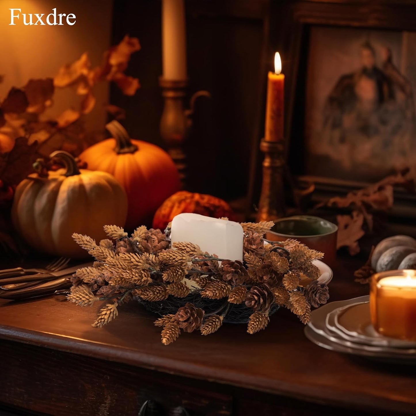 Skiennix Christmas Candle Rings - 10 Inch Wreath with Artificial Brown Pinecones | Indoor Decor for Home Centerpieces