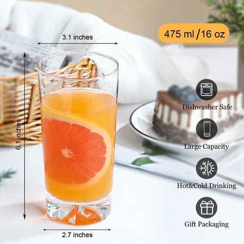 Drinking Glasses Set of 6, 16oz Glass Cups with Wide Mouth Design,Water Glasses for Bar Glassware, Premium Tall Glasses Drinking Set for Water, Beer, Juice and Cocktail, Unique Gifts for Christmas