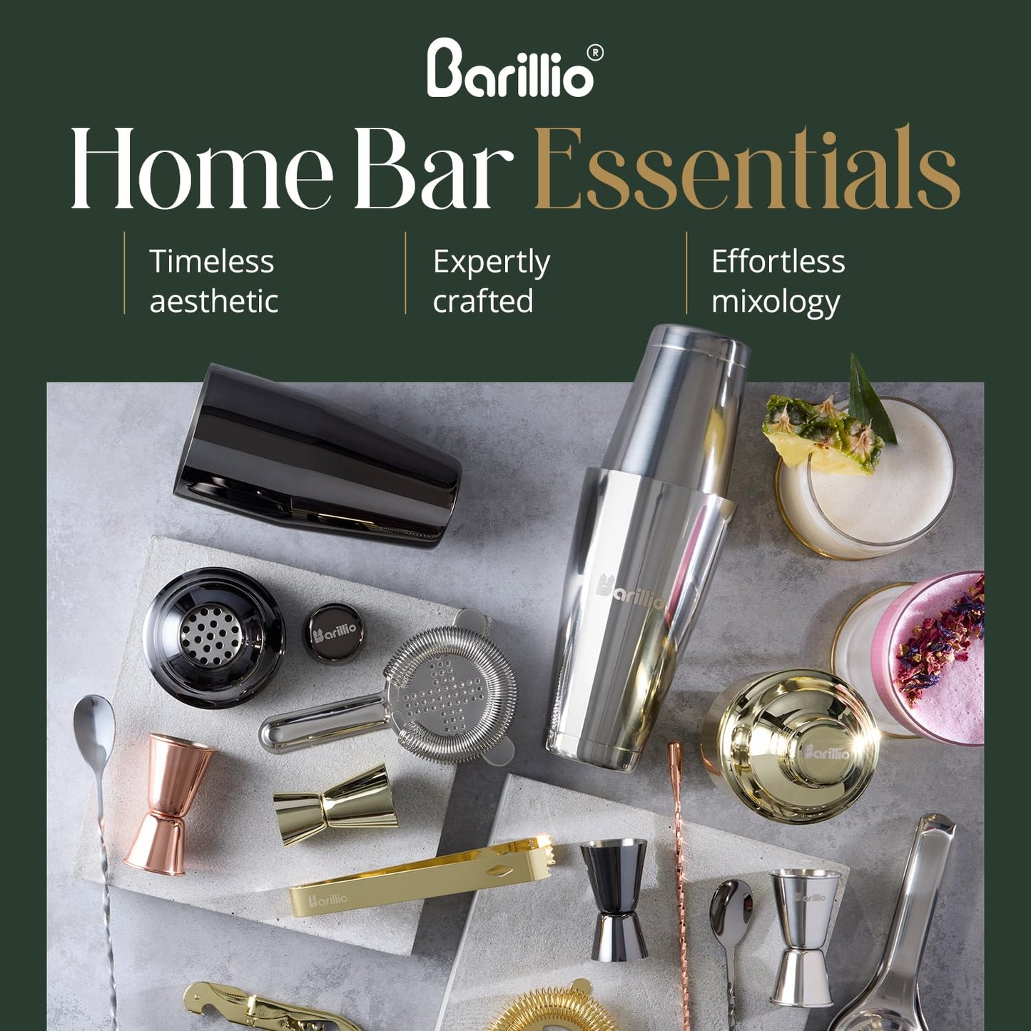 Barillio Rose Gold Bartender Kit - Stainless-Steel Cocktail Shaker Set w/Bamboo Stand - Mixology Bar Tools w/Drink Shaker, Mixer and Muddler for Cocktails - Home Bar Accessories - 23-Pc Bar Set