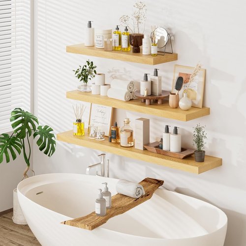Heimlove Floating Shelves - Set of 2, 12-Inch Deep Wood Wall Shelves for Home Office & Living Room - Oak Finish