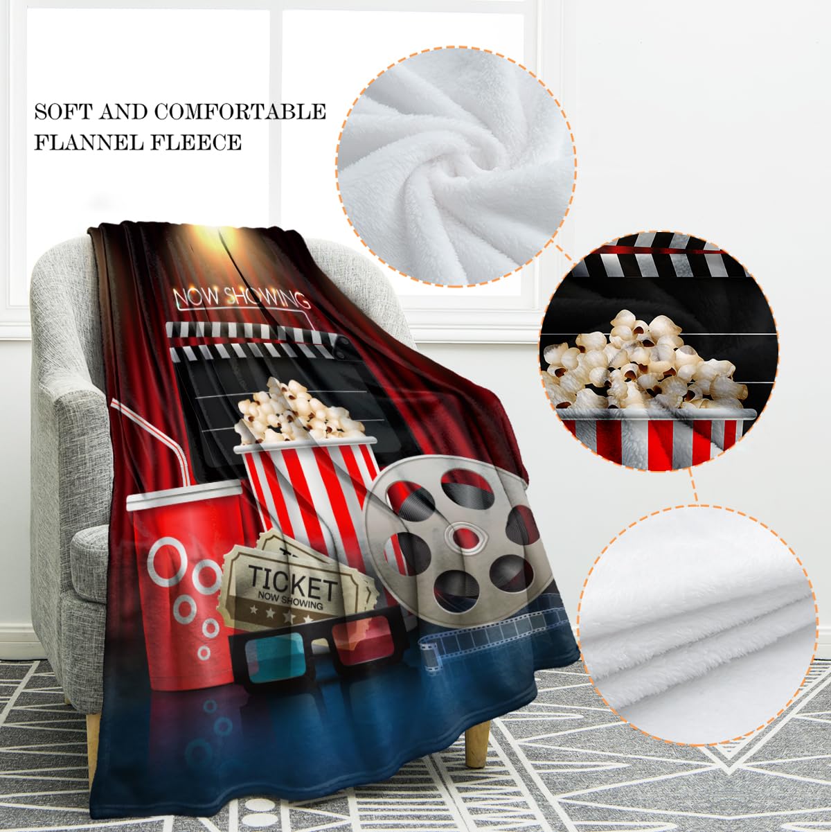 Jekeno Movie Clapboard Gifts Throw Blanket, Theater Home Film Cinema Decor Popcorn Gifts for Women Men Movie Lover Adult Boy Girl Director, Christmas Birthday Valentines Day Acting Gift