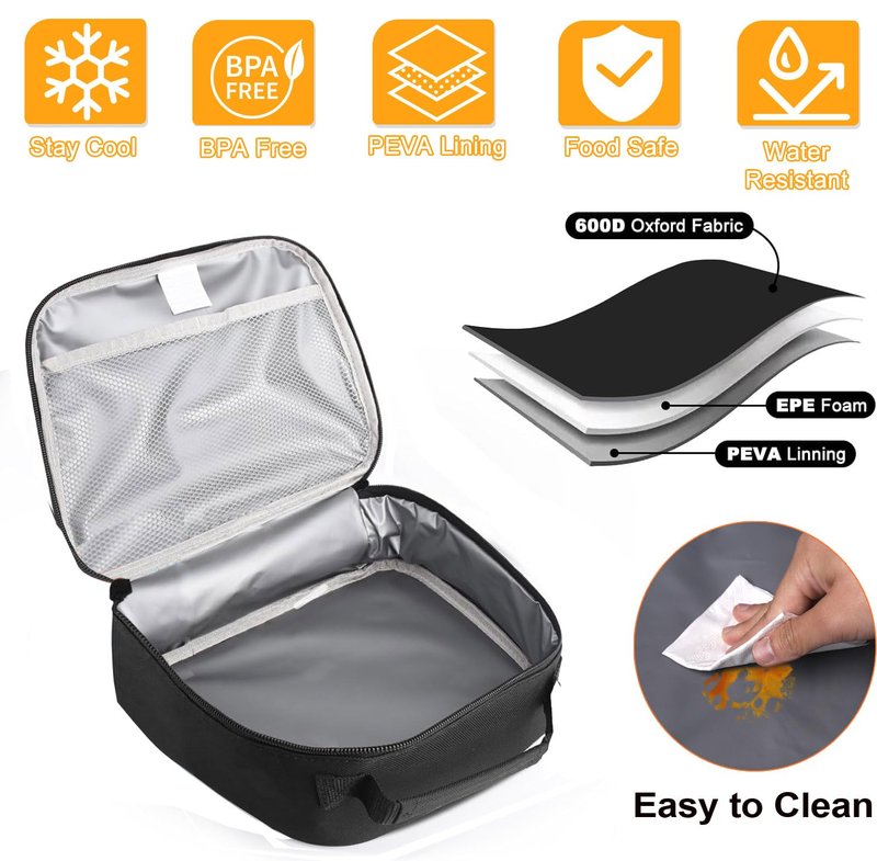 ZM-YOUTOO Lunch Box for Men - Reusable Lunch Bag Men Adult Women- Insulated LunchBox for Office Hiking Camping (Black)