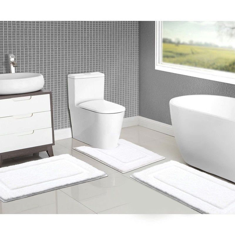 SHACOS White Bathroom Rugs Sets 3 Piece, 16"x24" + 20"x32" Non Slip Bath Mat and 20"x24" Toilet Rugs U Shaped Washable, Soft Fluffy Water Absorbent Bath Rugs for Bathroom