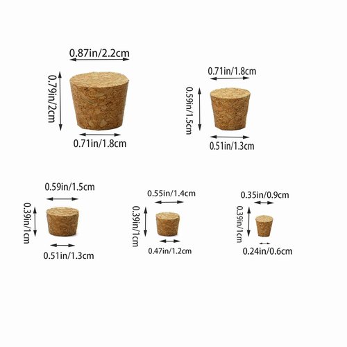Cork Stoppers - 100-Pack Mini Cork Stoppers, Tapered Corks Bottle Plugs, 5 Sizes