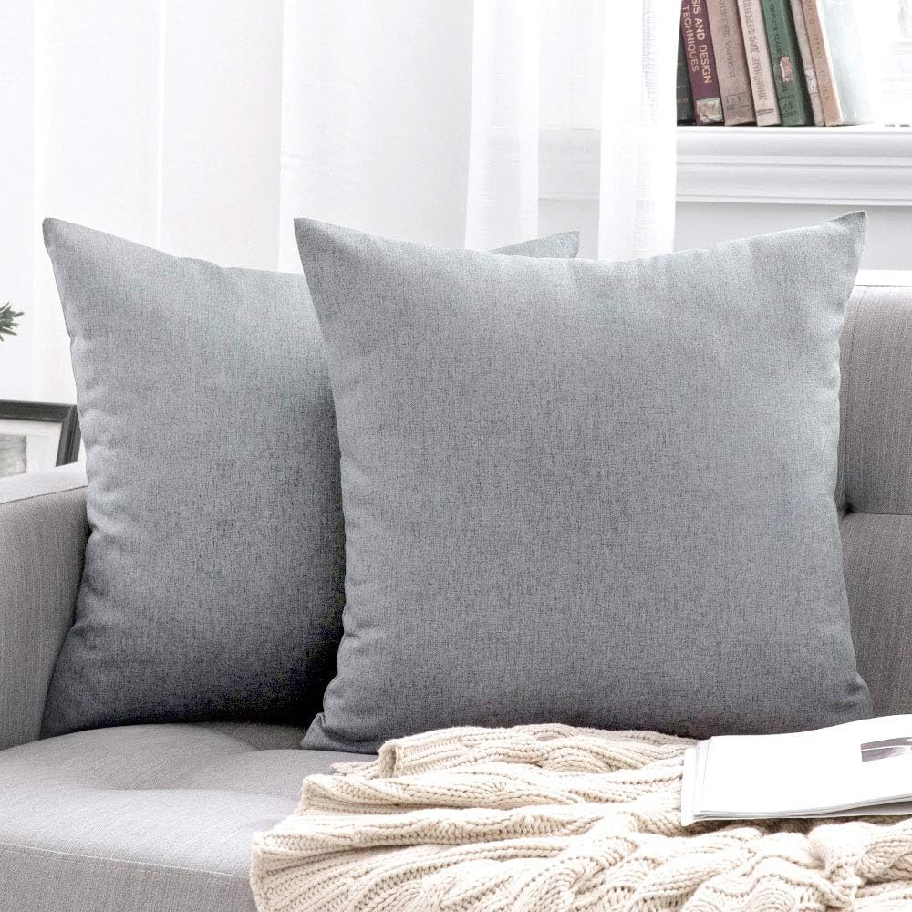 MIULEE Decorative Outdoor Throw Pillow Covers - Waterproof Faux Linen Cushion Cases | 18x18 Inch Light Grey (Pack of 2)