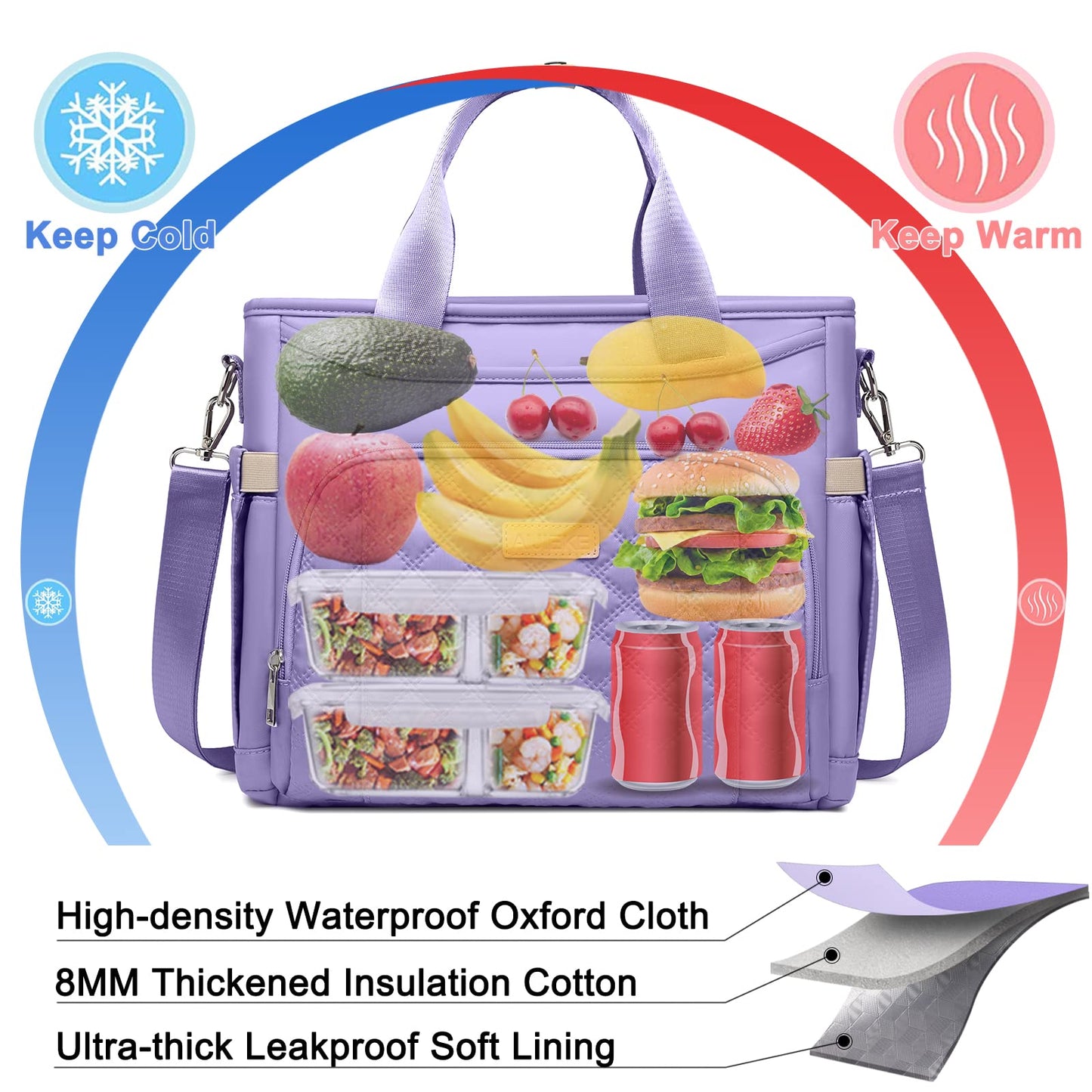 AIJIEKE Insulated Lunch Bag for Women, Lunch Box, Lunch Tote for Work, Large Leak Proof Cooler Bag with Removable Strap, Adult Reusable Lunchbag for Picnic Office Beach, Light Purple