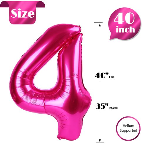 Hot Pink Number 4 Balloon 40 Inch, 4th Birthday Party Decorations for Children, Giant 4 Foil Balloon for Party Supplies
