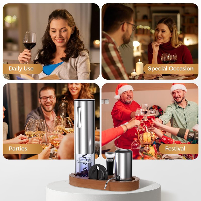 Rechargeable Electric Wine Opener 5-In-1 Set, Stainless Steel Automatic Wine Opener with Electric Wine Aerator, Foil Cutter, Wine Stopper & Base, Elegant Gift Box for Birthday, Housewarming, Christmas